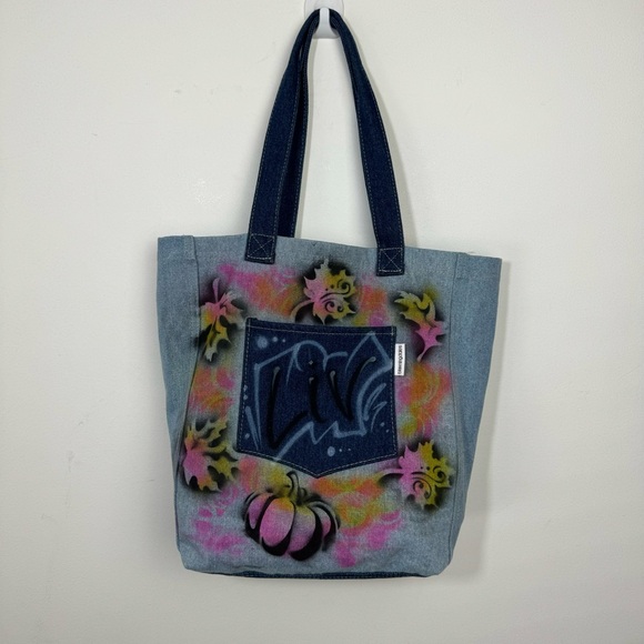 Bloomingdale’s Denim Jean Tote Bag Travel shopper Graffiti Paint - Picture 7 of 7